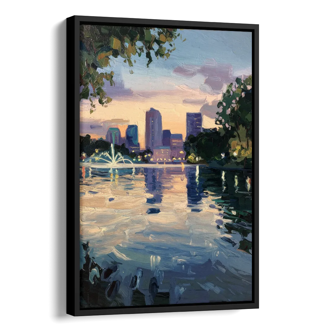 Orlando Lake Eola Reflection Side - Black Canvas Wall Art