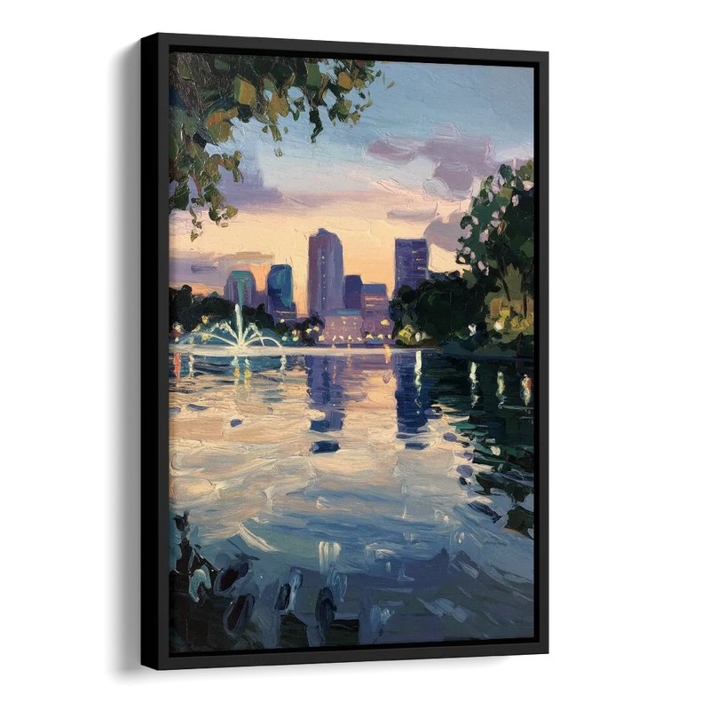 Orlando Lake Eola Reflection Side - Black Canvas Wall Art