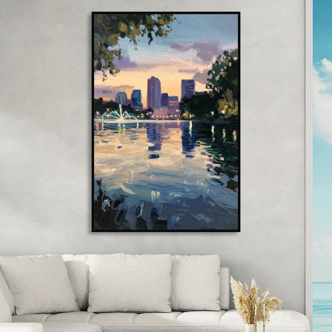 Orlando Lake Eola Reflection Sitting Room - Black Canvas Wall Art