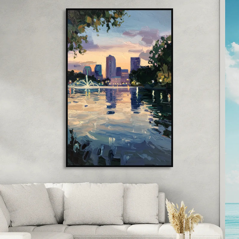 Orlando Lake Eola Reflection Sitting Room - Black Canvas Wall Art