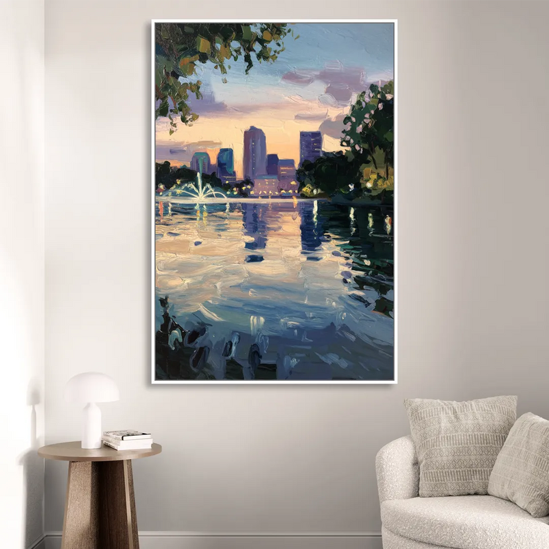 Orlando Lake Eola Reflection Living Room - White Canvas Wall Art