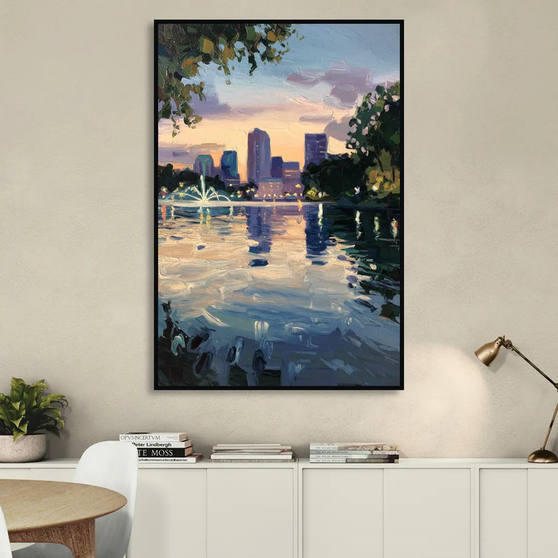 Orlando Lake Eola Reflection Living Room - Black Canvas Wall Art