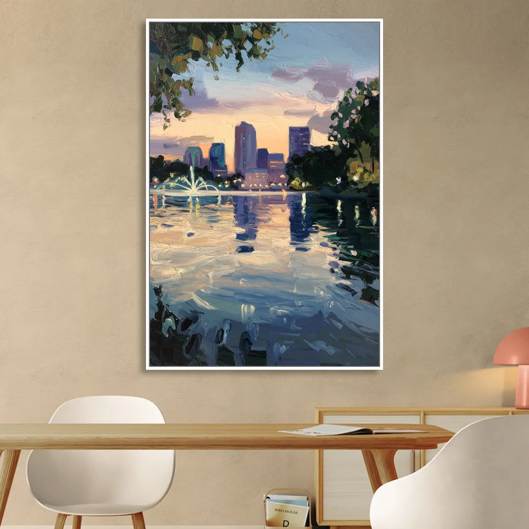 Orlando Lake Eola Reflection Sitting Room - White Canvas Wall Art