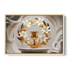 Ornate Chalice in White and Gold - Oak Framed Canvas Wall Art - Front