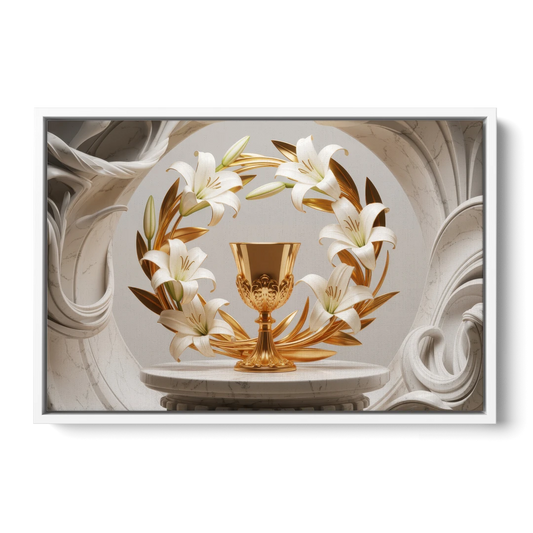 Ornate Chalice in White and Gold - White Framed Canvas Wall Art - Front
