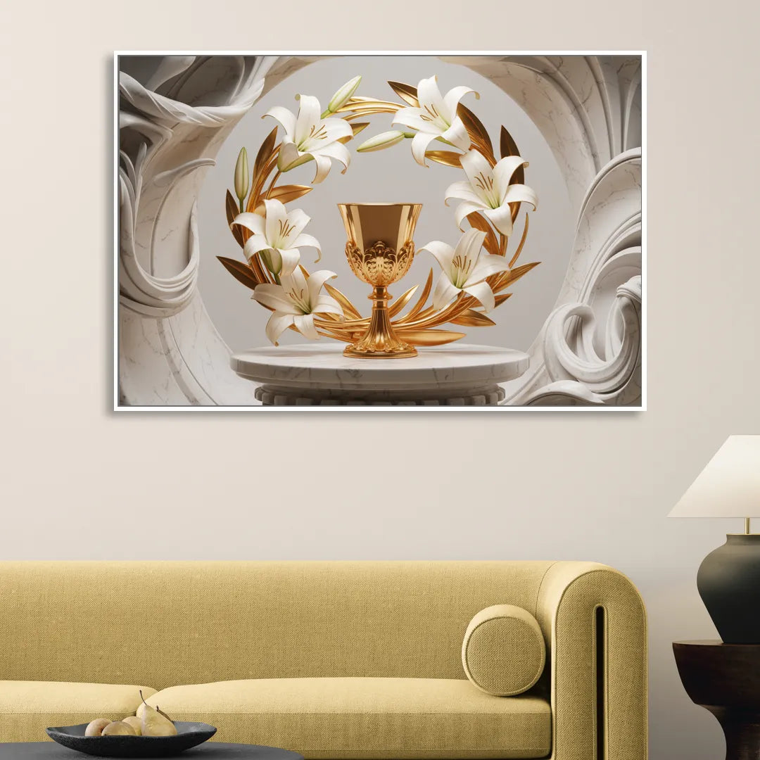 Ornate Chalice in White and Gold Living Room - White Canvas Wall Art