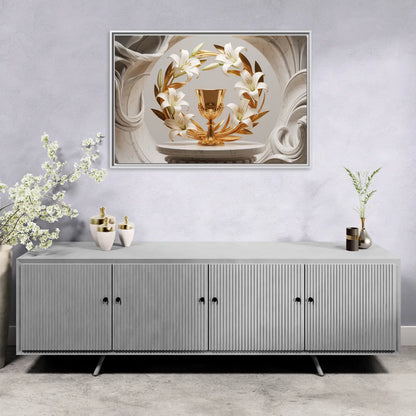 Ornate Chalice in White and Gold - Living Room White Frame Canvas