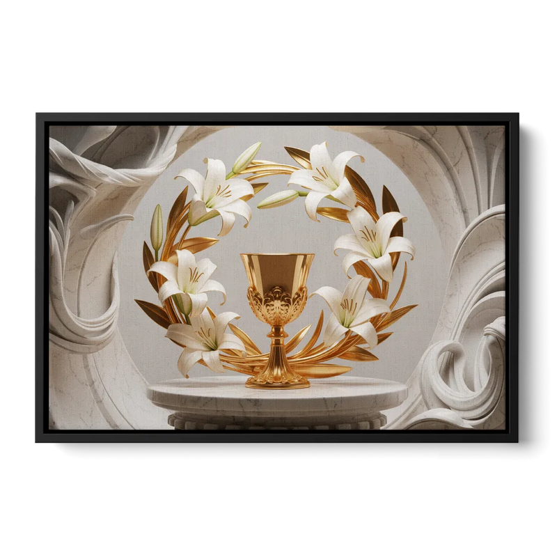 Ornate Chalice in White and Gold Front - Black Canvas Wall Art