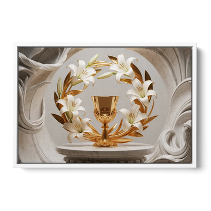 Ornate Chalice in White and Gold - White Frame Canvas