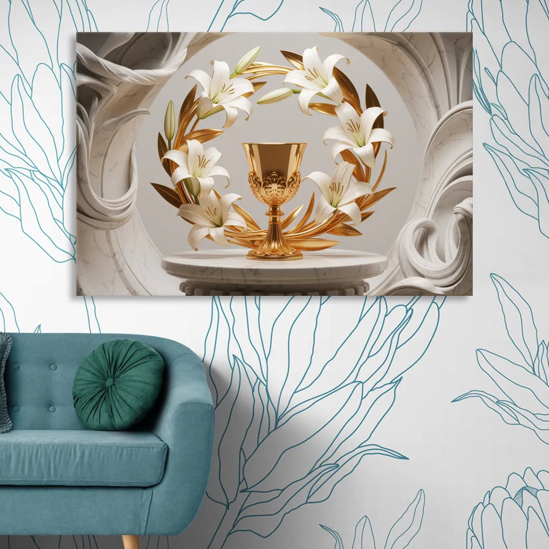 Ornate Chalice in White and Gold Living Room - Canvas Wall Art
