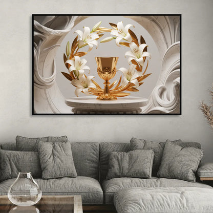 Ornate Chalice in White and Gold Living Room - Black Canvas Wall Art