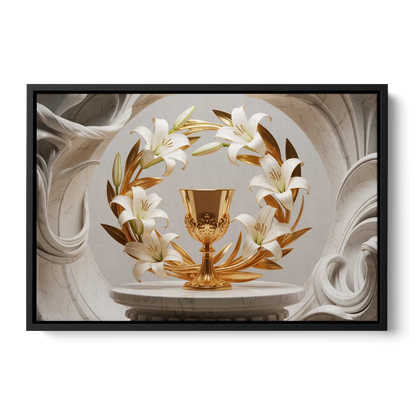 Ornate Chalice in White and Gold - Black Frame Canvas