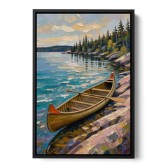 Outdoorsy Wall Art of a Lakeside Canoe - Black Framed Canvas Wall Art - Front