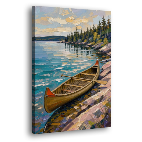 Outdoorsy Wall Art of a Lakeside Canoe - Canvas Wall Art - Side