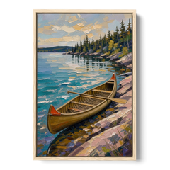 Outdoorsy Wall Art of a Lakeside Canoe - Oak Framed Canvas Wall Art - Front