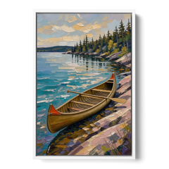 Outdoorsy Wall Art of a Lakeside Canoe - White Framed Canvas Wall Art - Front
