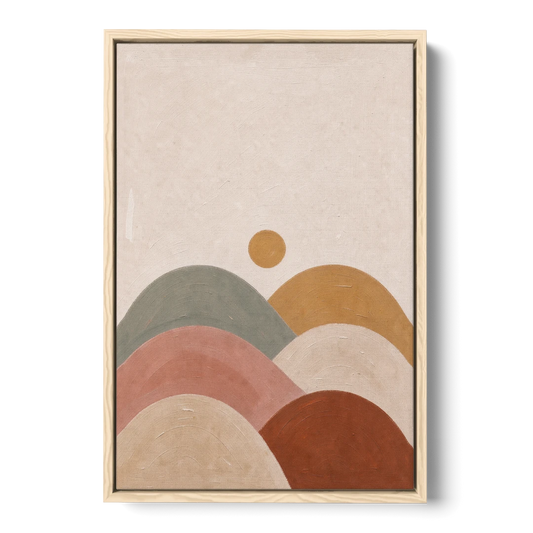Overlapping Scalloped Hills Under a Small Sun - Oak Framed Canvas Wall Art - Front