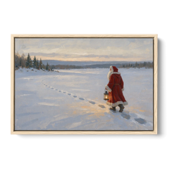 Oversized Christmas Wall Art of Santa's Lantern Walk - Oak Framed Canvas Wall Art - Front
