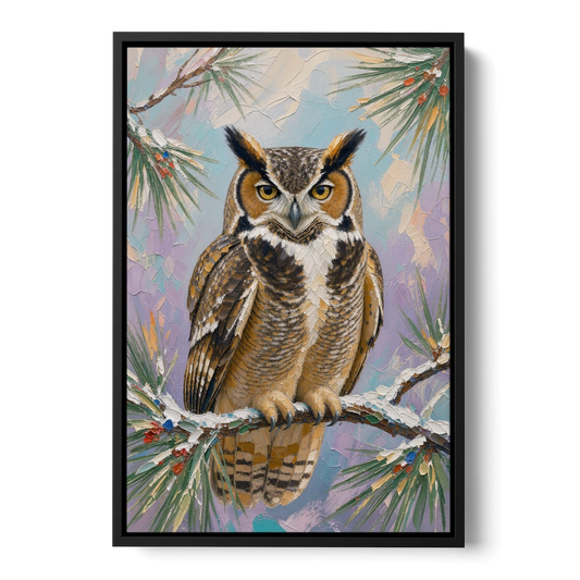Owl Canvas Print on a Snowy Pine Bough - Black Framed Canvas Wall Art - Front