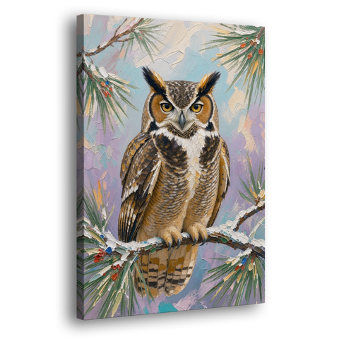 Owl Canvas Print on a Snowy Pine Bough - Canvas Wall Art - Side