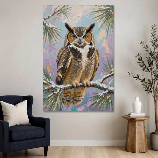 Owl Canvas Print on a Snowy Pine Bough - Canvas Wall Art - Sofa - 40x60