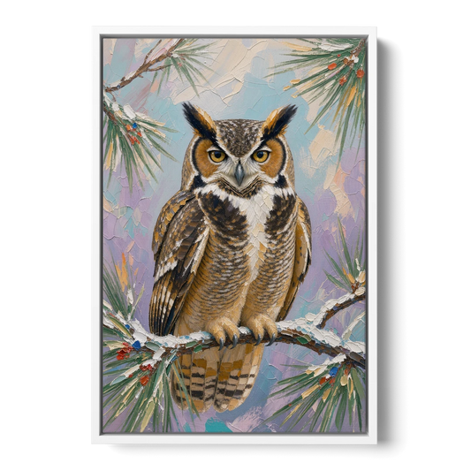Owl Canvas Print on a Snowy Pine Bough - White Framed Canvas Wall Art - Front