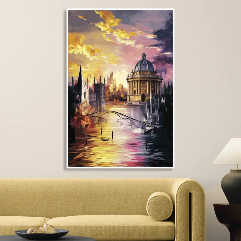 Oxford Cityscape Sunset Sitting Room - White Canvas Wall Art