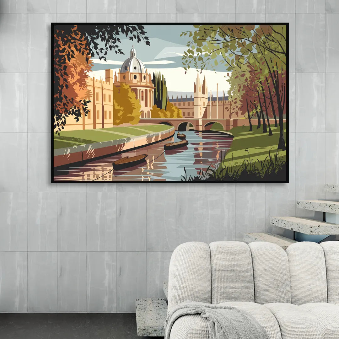 Oxford River Thames View Living Room - Black Canvas Wall Art