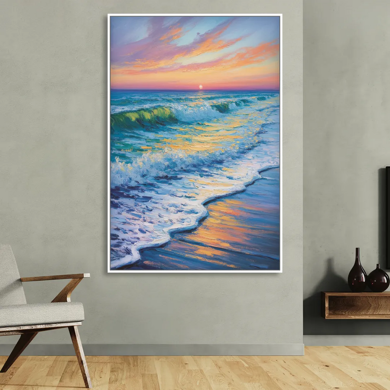 Pacific Shores Sunset Living Room - White Canvas Wall Art