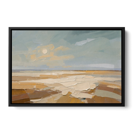Pale Sun Over Sand Plain in Plaster Texture - Black Framed Canvas Wall Art - Front