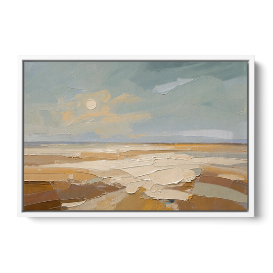 Pale Sun Over Sand Plain in Plaster Texture - White Framed Canvas Wall Art - Front