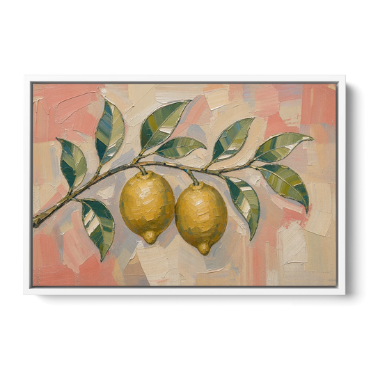 Palette Knife Lemon Branch on Blush Pink - White Framed Canvas Wall Art - Front