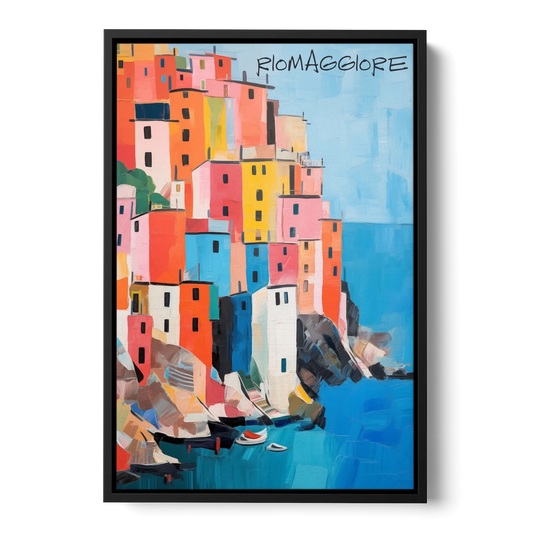 Palette Knife Painting of Riomaggiore - Black Framed Canvas Wall Art - Front