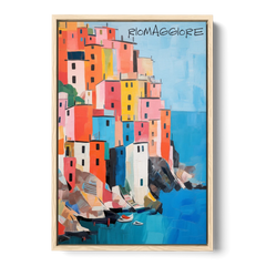 Palette Knife Painting of Riomaggiore - Oak Framed Canvas Wall Art - Front