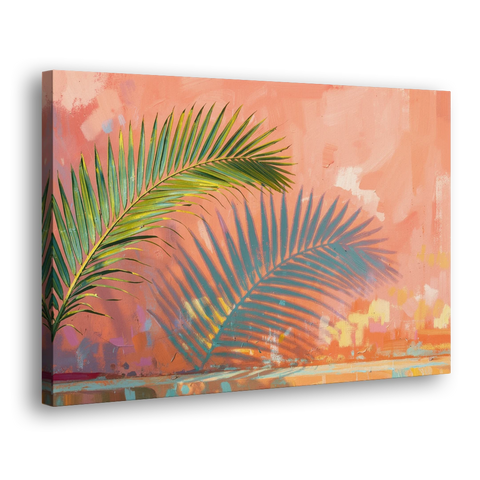 Palm Frond Wall Art with Coral Stucco Shadow - Canvas Wall Art - Side