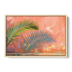 Palm Frond Wall Art with Coral Stucco Shadow - Oak Framed Canvas Wall Art - Front