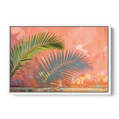 Palm Frond Wall Art with Coral Stucco Shadow - White Framed Canvas Wall Art - Front