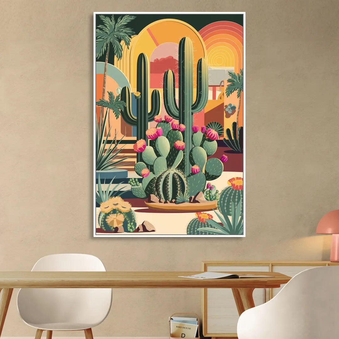Palm Springs Colorful Cactus Living Room - White Canvas Wall Art