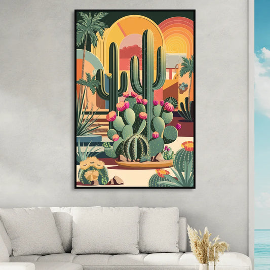Palm Springs Colorful Cactus Living Room - Black Canvas Wall Art
