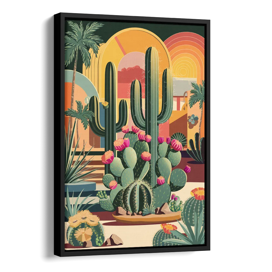 Palm Springs Colorful Cactus Side - Black Canvas Wall Art