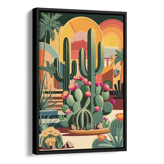 Palm Springs Colorful Cactus Side - Black Canvas Wall Art