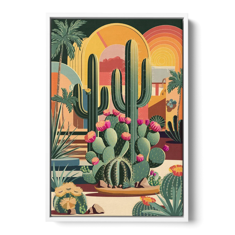 Palm Springs Colorful Cactus Front - White Canvas Wall Art
