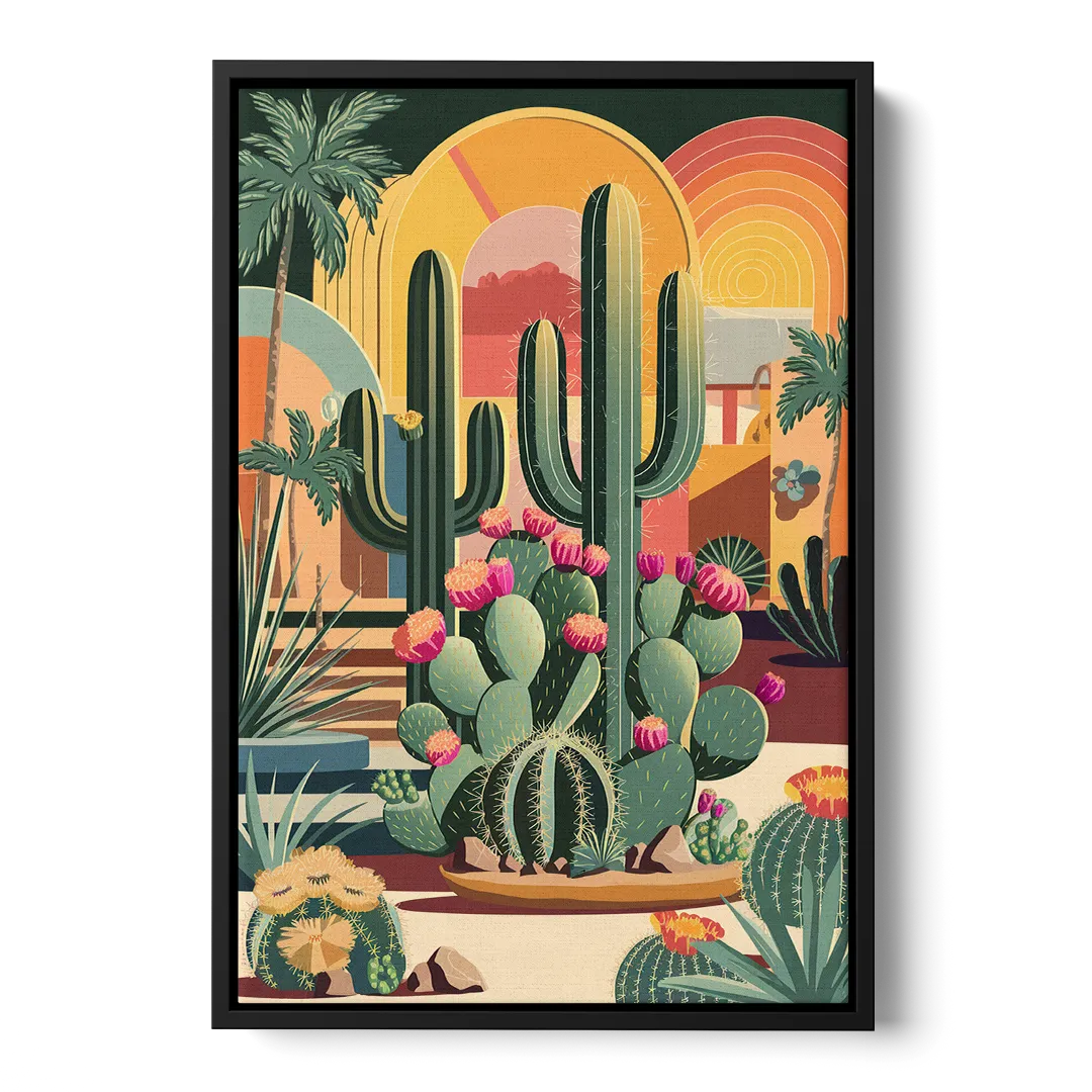 Palm Springs Colorful Cactus Front - Black Canvas Wall Art