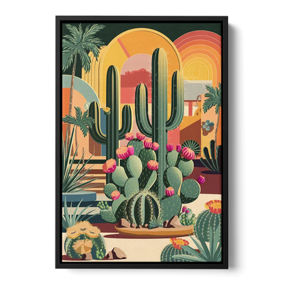 Palm Springs Colorful Cactus Front - Black Canvas Wall Art