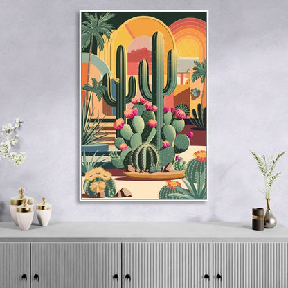 Palm Springs Colorful Cactus Sitting Room - White Canvas Wall Art