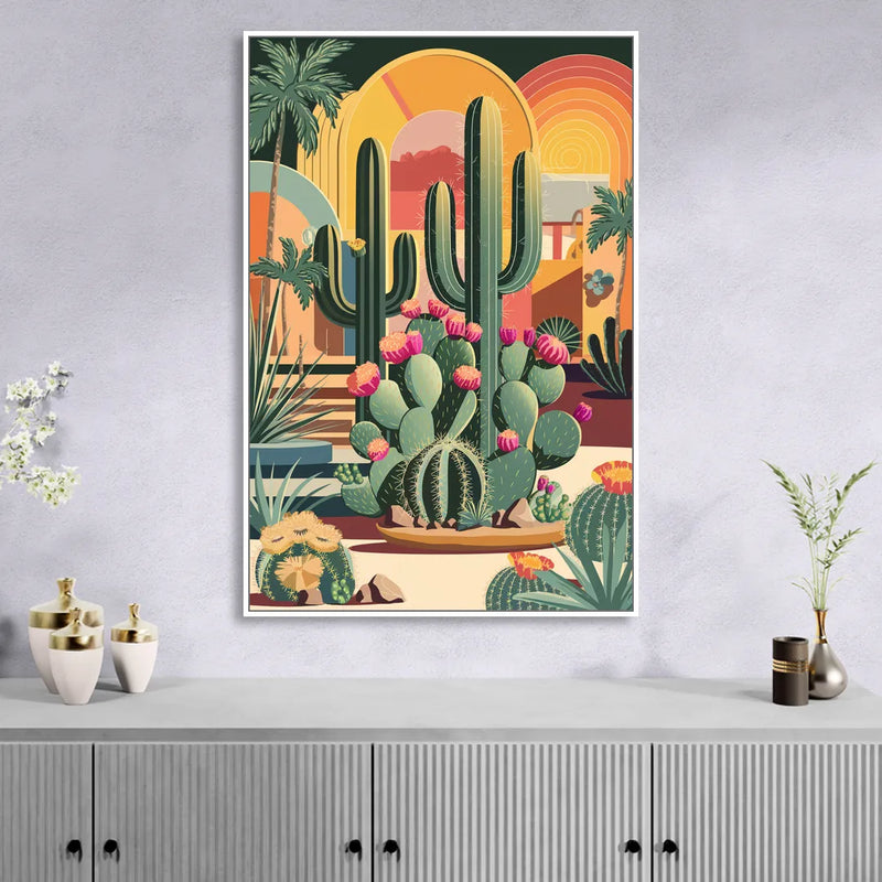 Palm Springs Colorful Cactus Sitting Room - White Canvas Wall Art