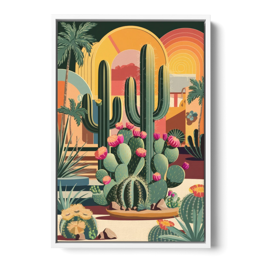 Palm Springs Colorful Cactus - White Framed Canvas Wall Art - Front