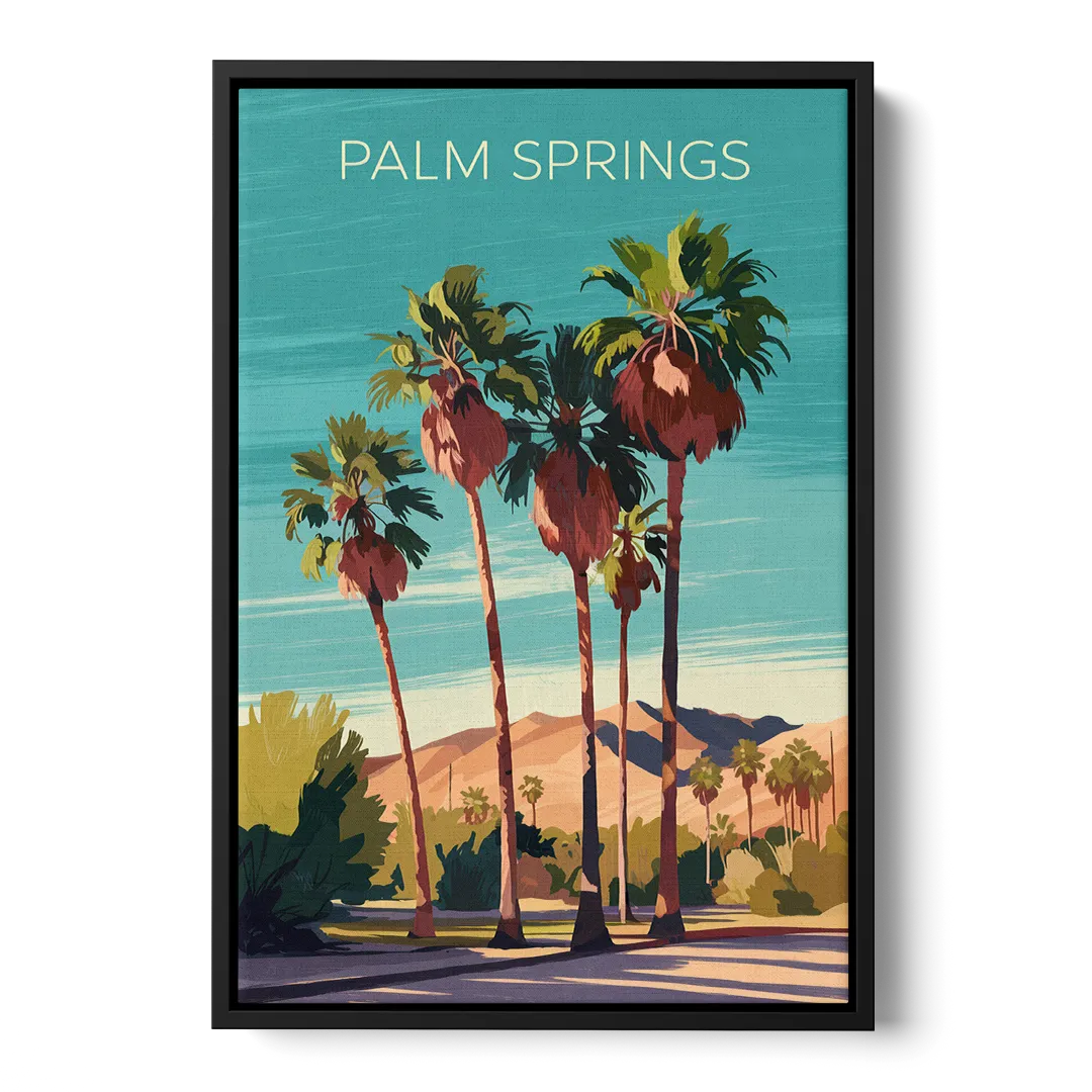 Palm Springs Palm Trees and Sky Front - Black Canvas Wall Art