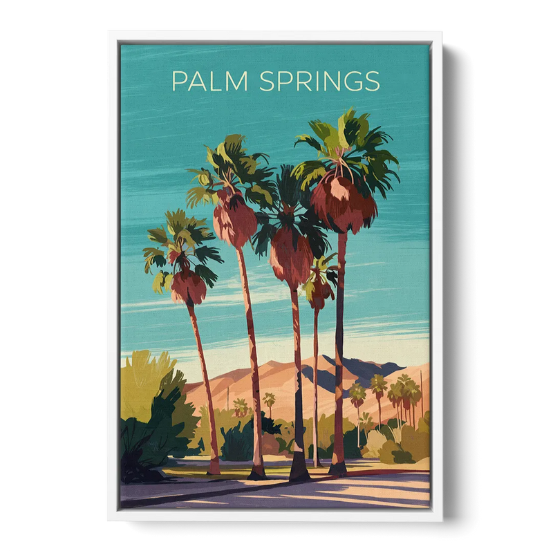 Palm Springs Palm Trees and Sky Front - White Canvas Wall Art