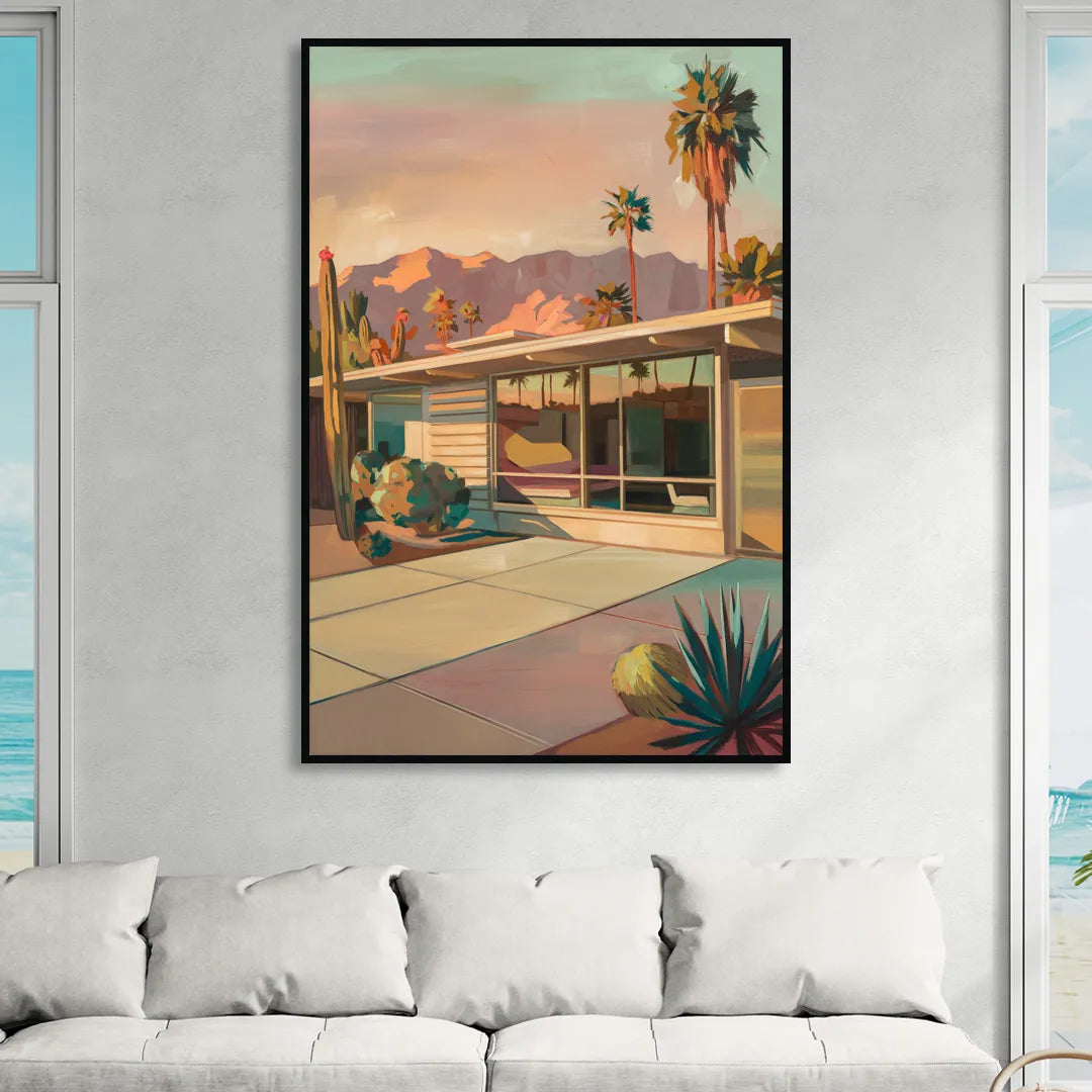 Palm Springs Retro Architecture Sitting Room - Black Canvas Wall Art